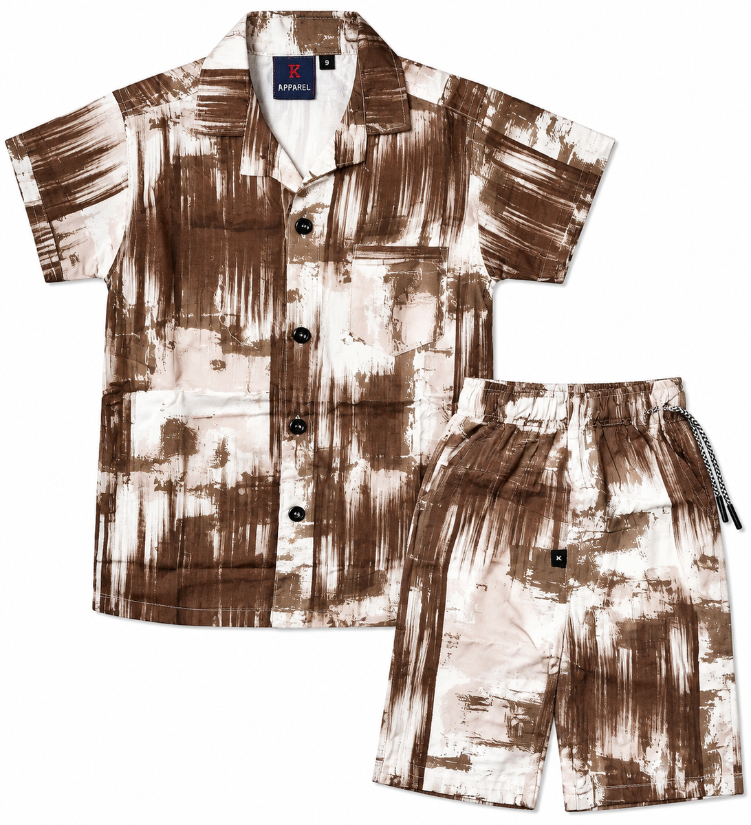Boys Brown Abstract Printed Shirt and Shorts Co-ord Set