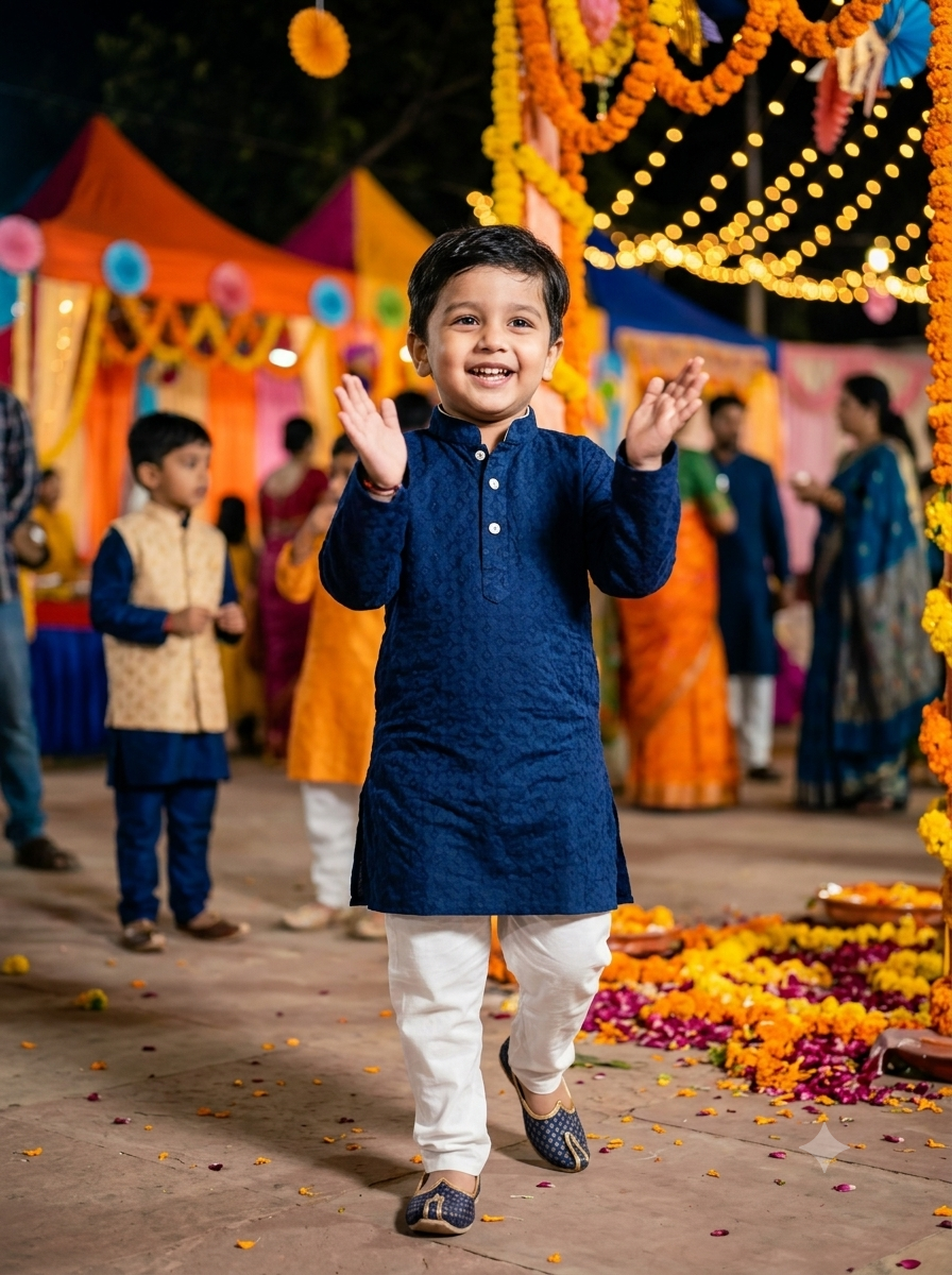 Boys Navy Blue Embroidered Kurta Pajama Set