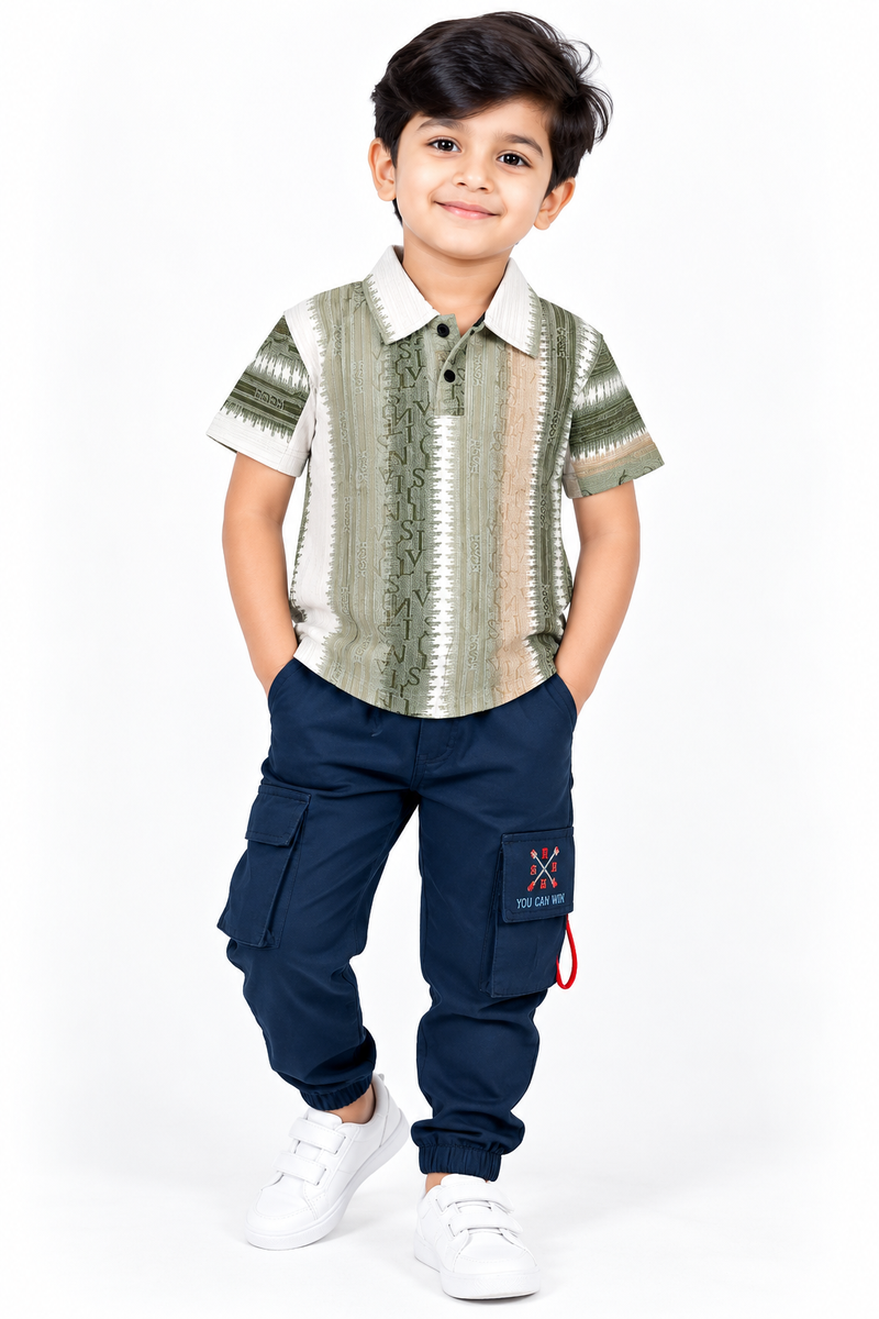 Boys Olive Printed Polo & Navy Cargo Jogger Set