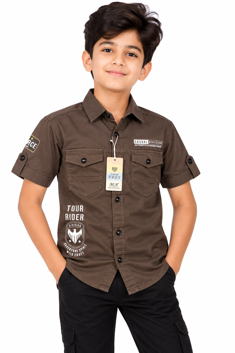 Boys Brown Utility Cargo Half-Sleeve Casual Shirt
