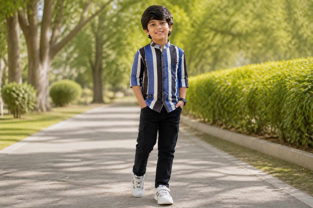 Boys Blue and Black Striped Casual Shirt — lifestyle