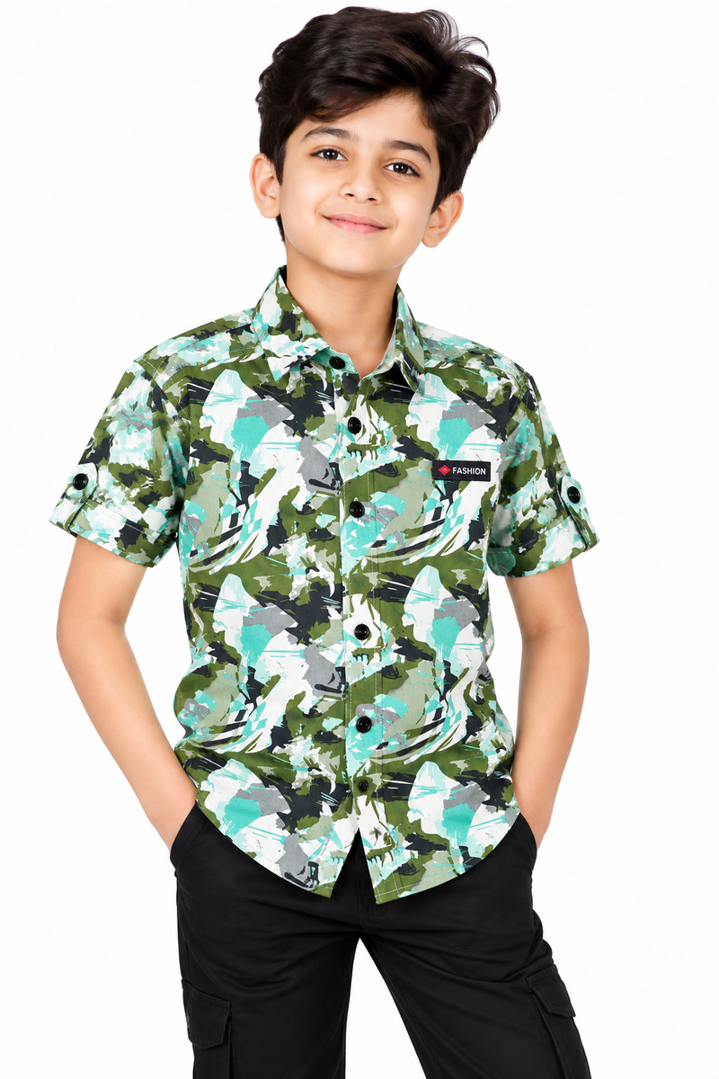 Boys Green Camouflage Printed Casual Shirt