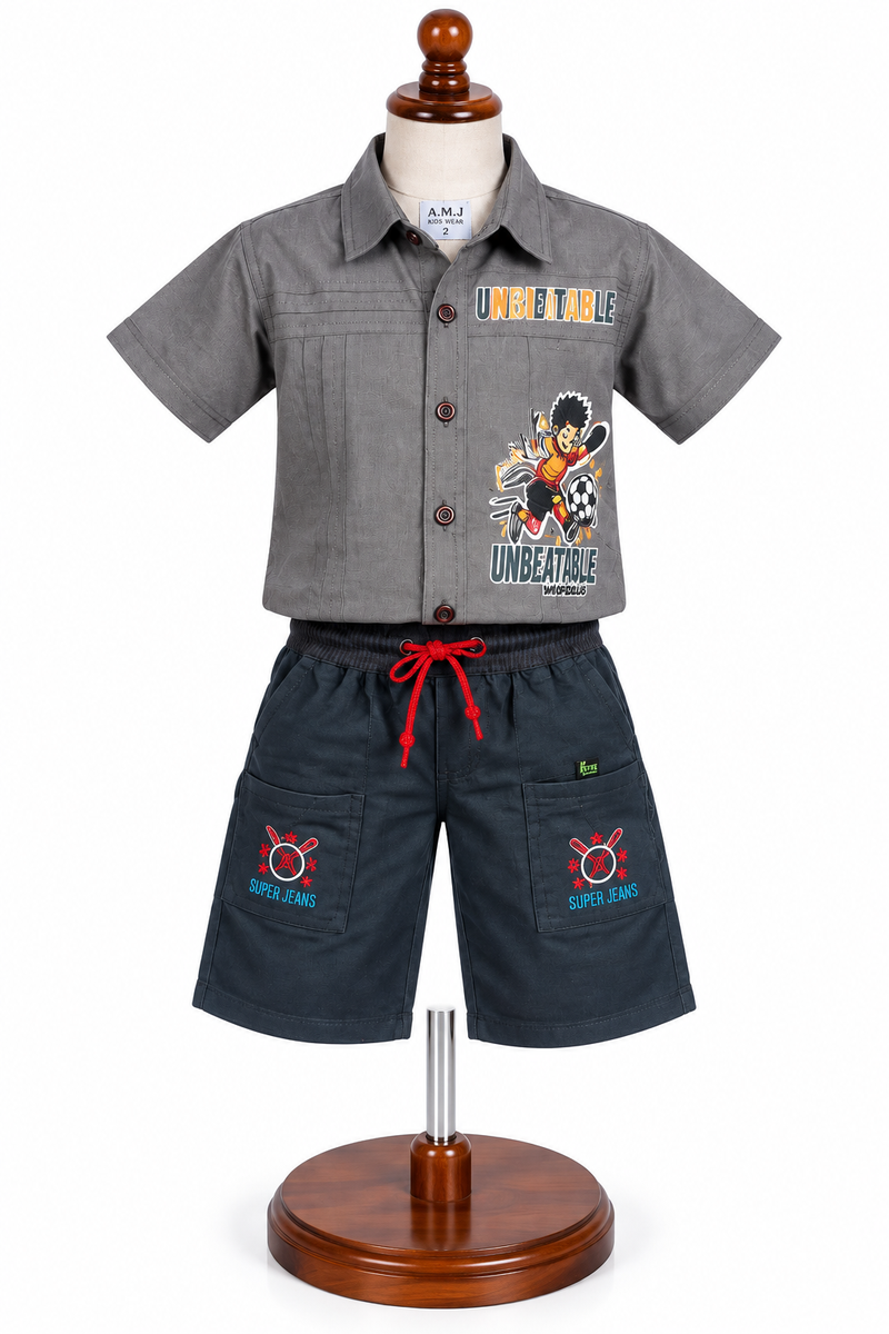 Boys Grey Casual Short Sleeve Shirt and Dark Grey Shorts Set