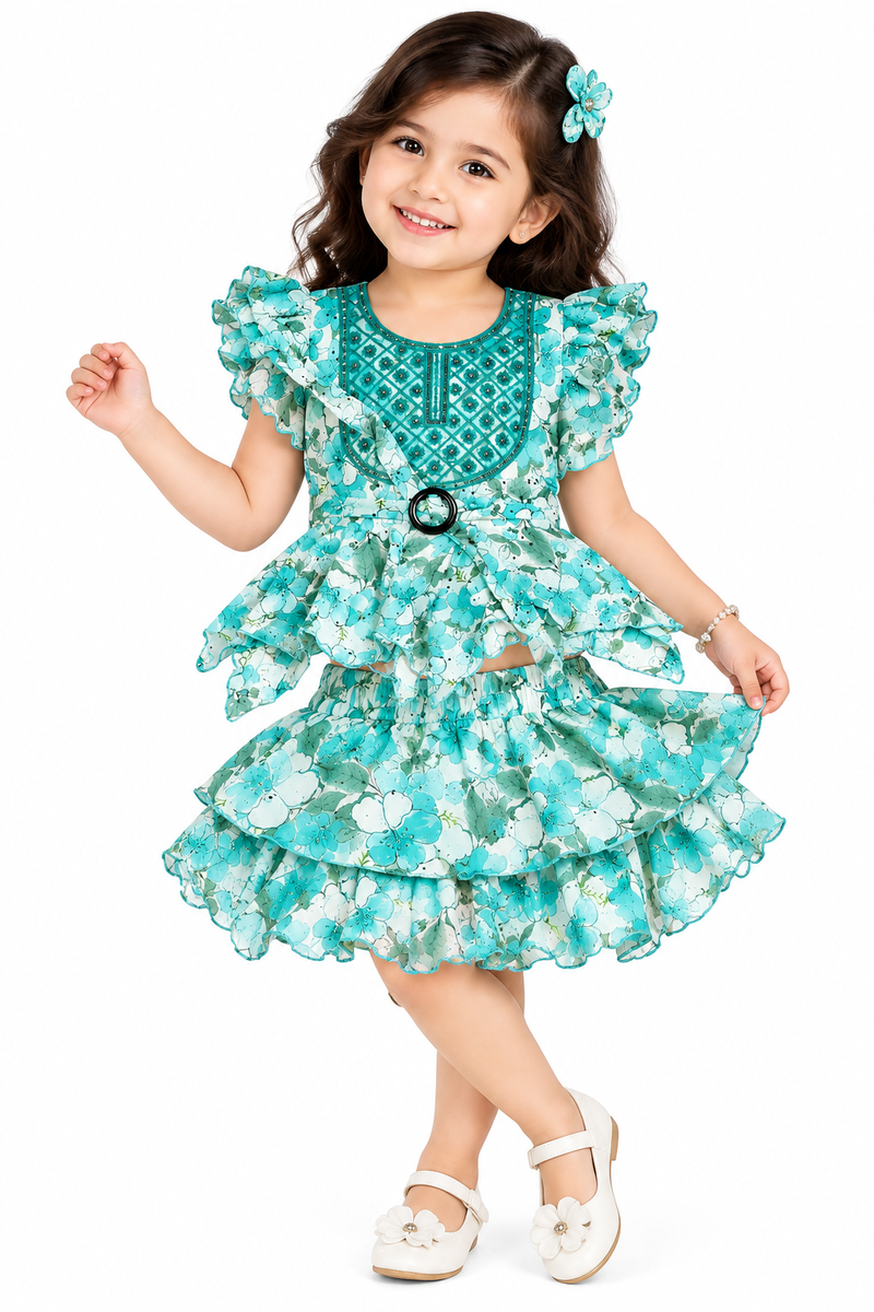 Teal Floral Ruffled Peplum Top with Skirt Co-ord Set
