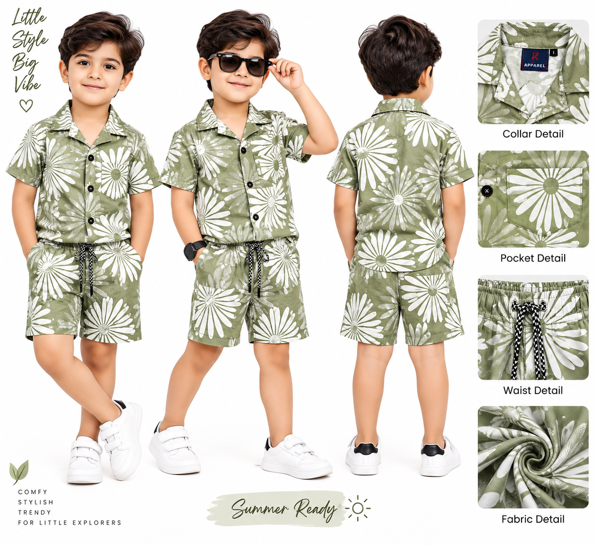 Boys Olive Green Floral Print Co-ord Set