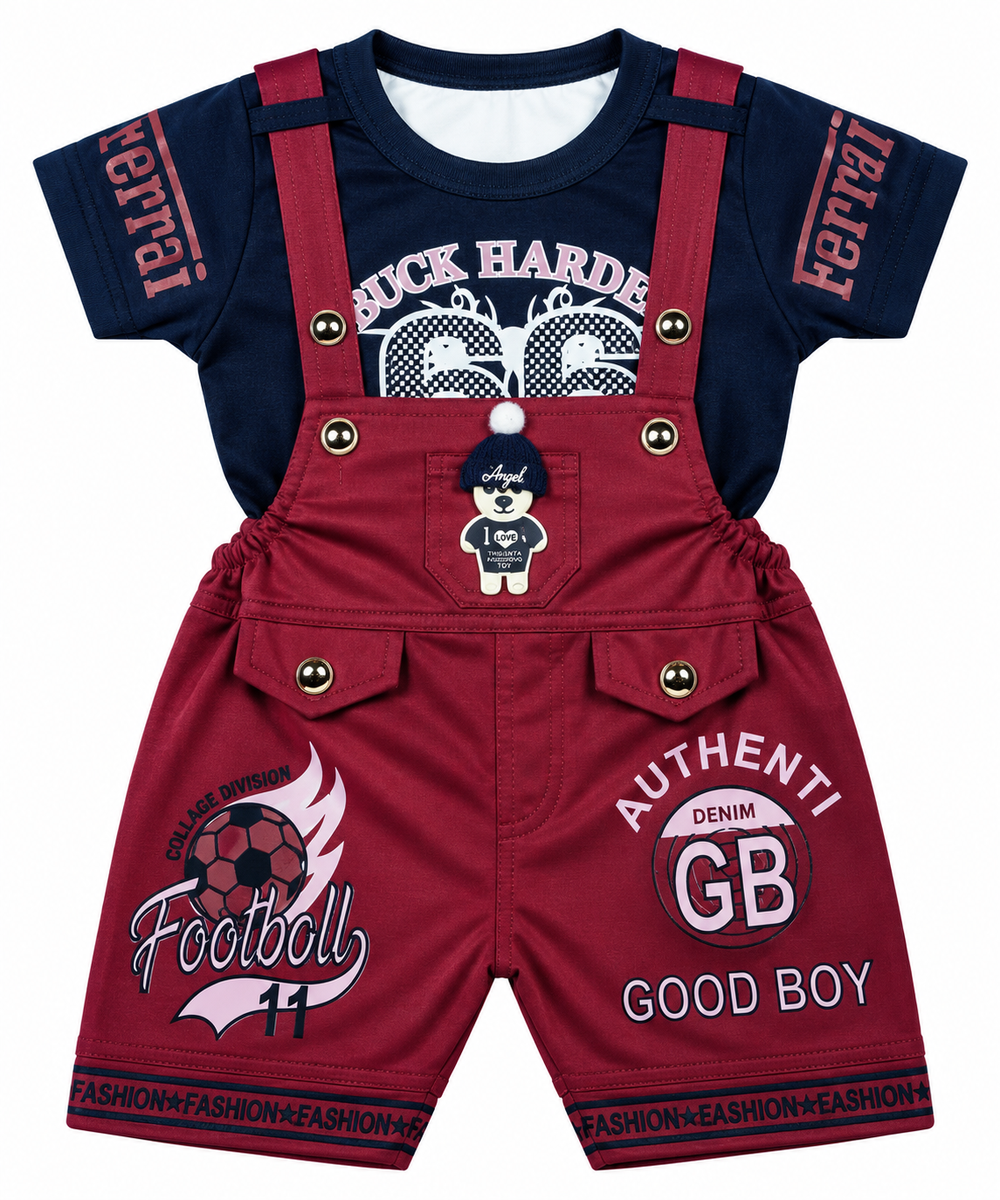 Boys Maroon Dungaree Set with Navy T-Shirt