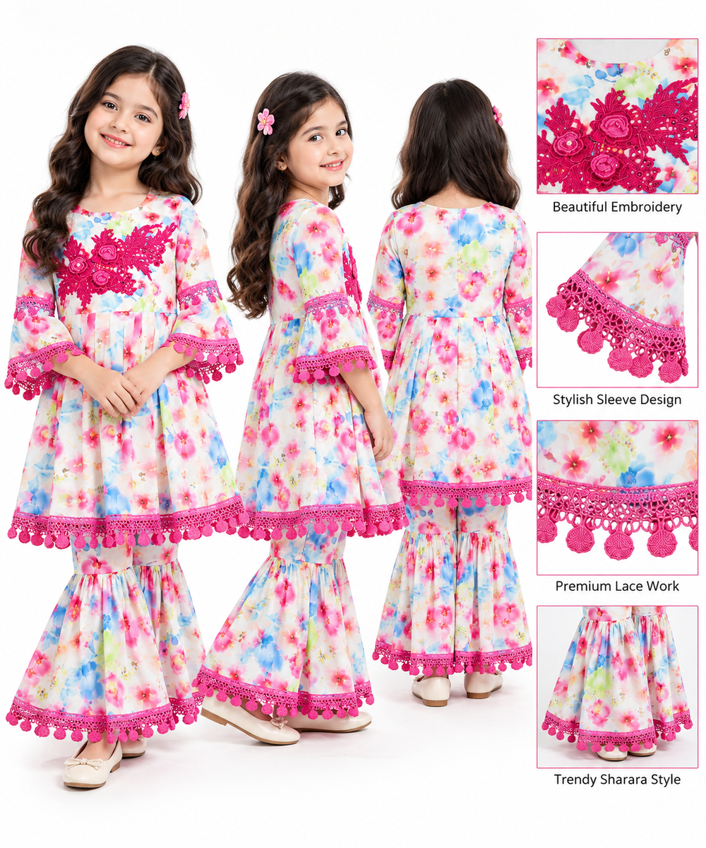 Floral Print Kurta with Sharara and Lace Detailing