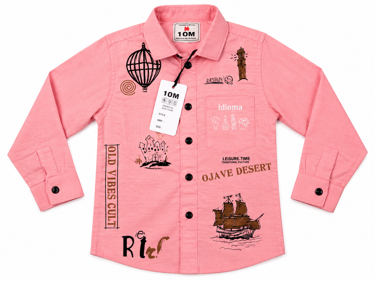 Boys Salmon Pink Graphic Print Full Sleeve Casual Shirt
