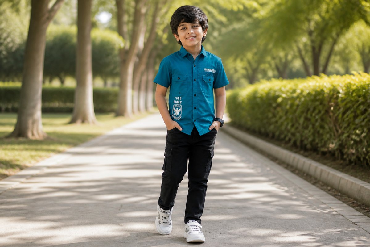 Boys Dark Teal Printed Casual Shirt with Cargo Pants