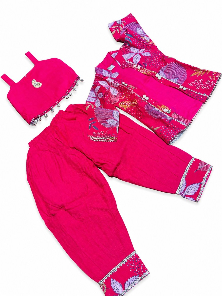 Girls Rani Pink Ethnic Dhoti Pants & Crop Top Set with Printed Jacket