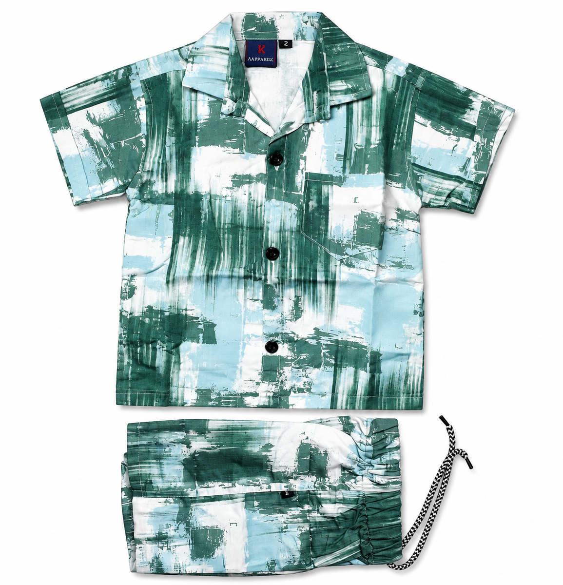 Boys Green Abstract Printed Shirt and Shorts Set