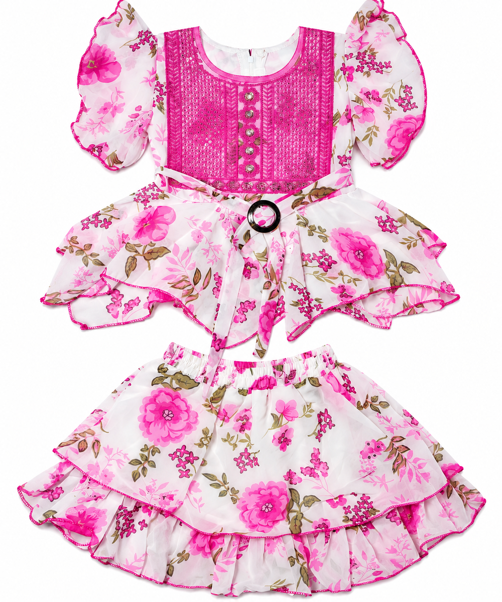 Pink Floral Printed Puff Sleeve Frock for Girls