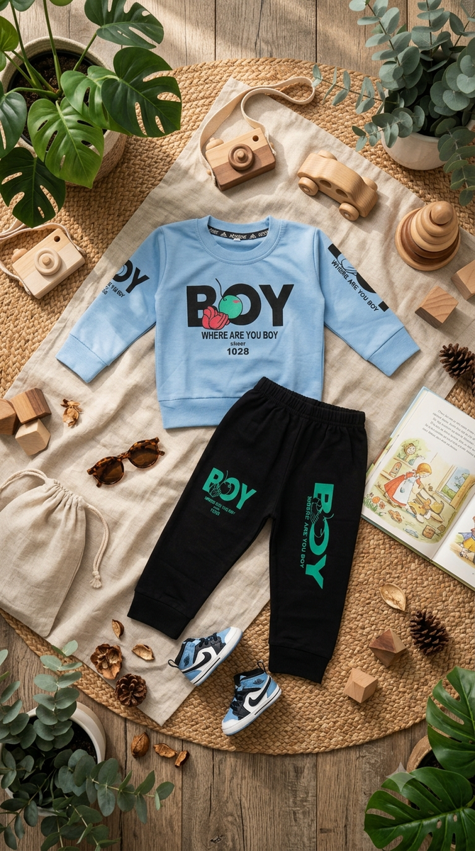 Boys Light Blue & Black Printed Sweatshirt and Jogger Set