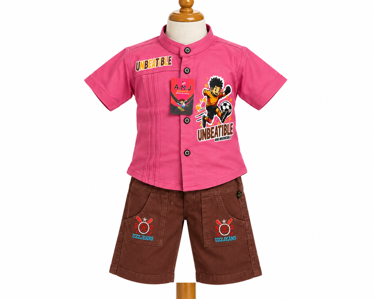Boys Pink Graphic Shirt and Brown Shorts Set — lifestyle