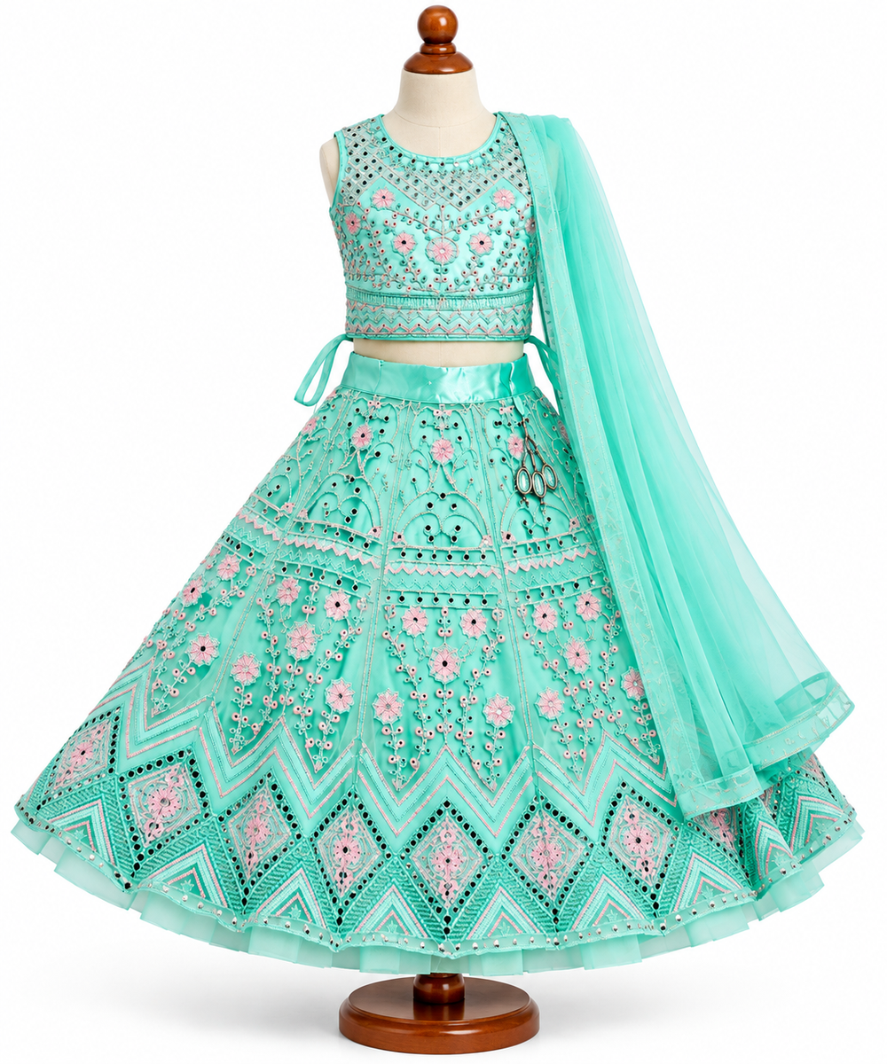 Mint Green Embroidered Mirror Work Lehenga Choli Set with Dupatta — lifestyle