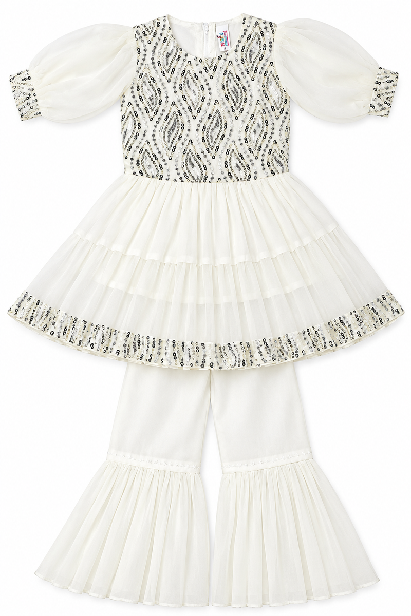 Ivory Sequin Embellished Peplum Kurti with Sharara Set