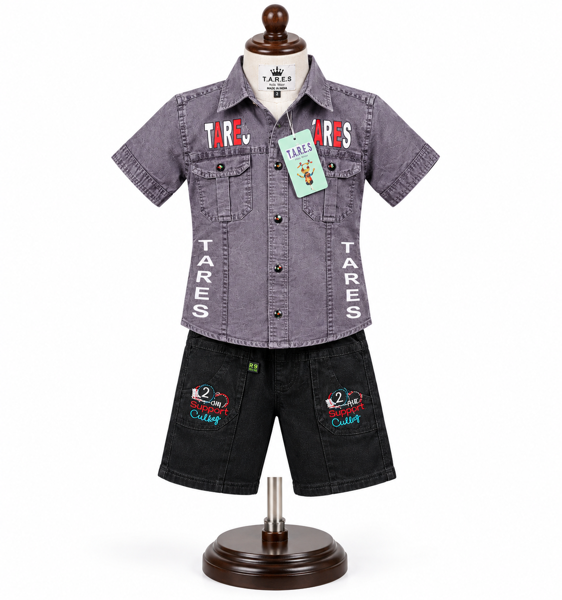Boys Grey Casual Printed Shirt and Black Shorts Set
