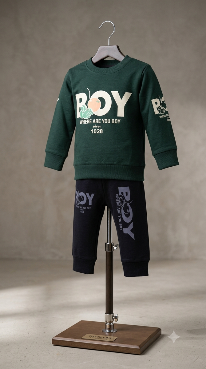 Dark Green Boy Graphic Sweatshirt and Jogger Set