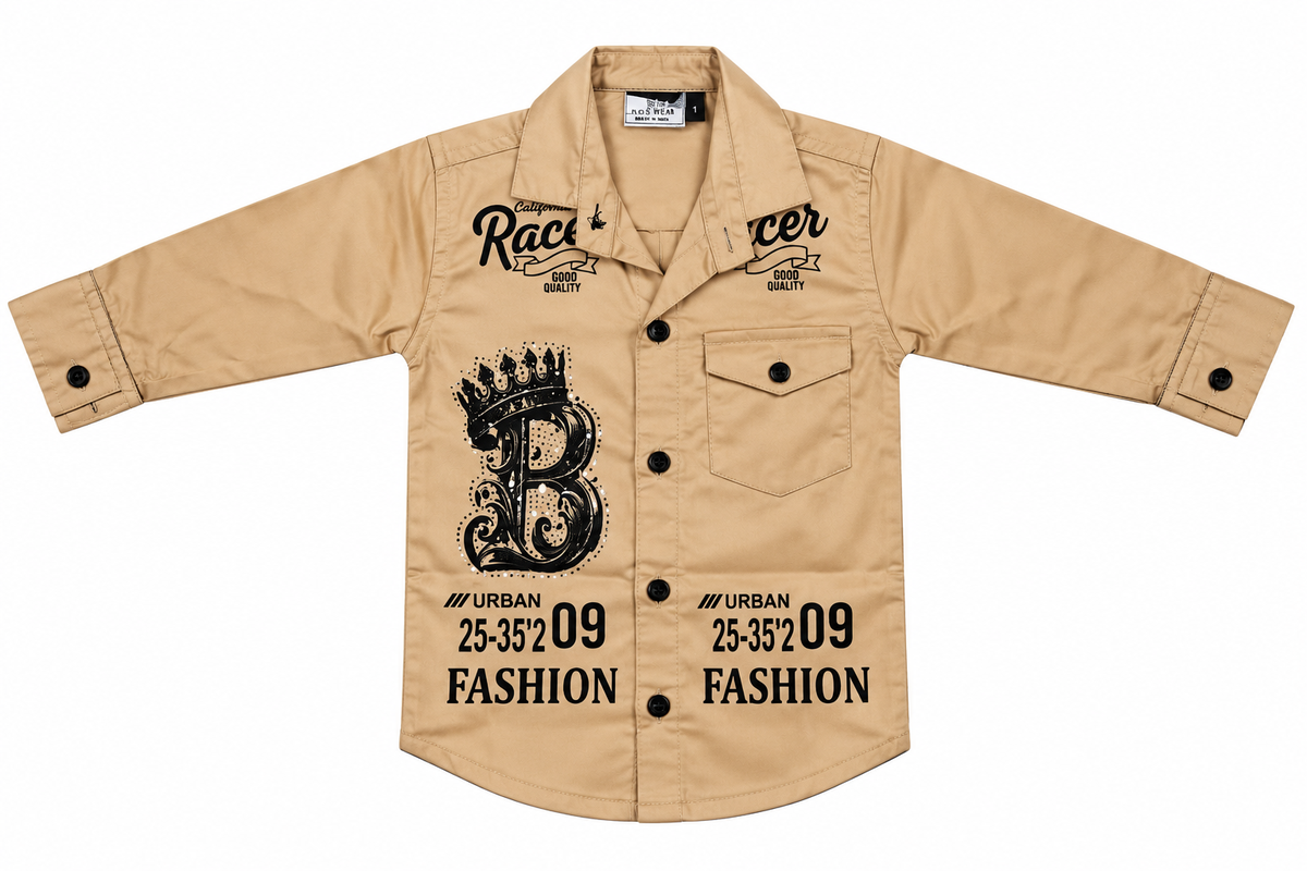 Boys Beige Printed Casual Shirt with Black Jeans