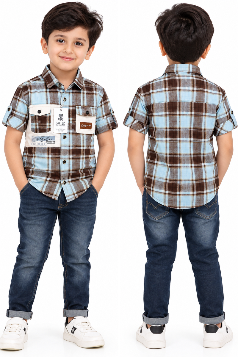 Boys Sky Blue & Brown Plaid Casual Short Sleeve Shirt