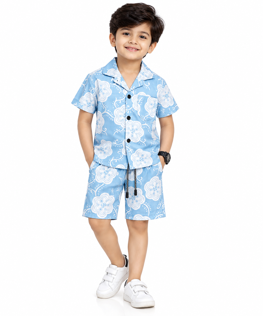 Boys Blue Floral Print Short Sleeve Shirt and Shorts Set