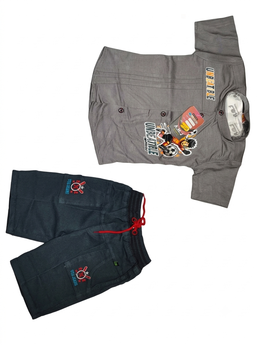 Boys Grey Casual Short Sleeve Shirt and Dark Grey Shorts Set