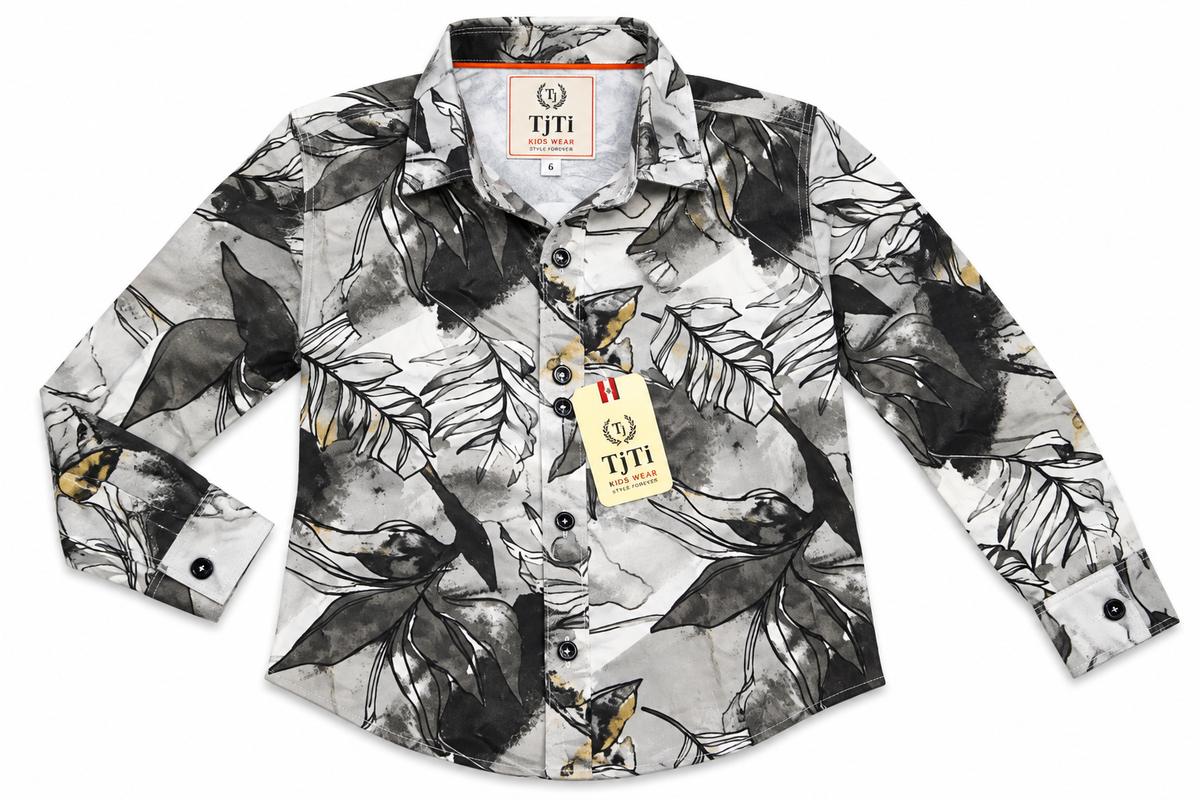 Boys Black and White Leaf Printed Casual Shirt