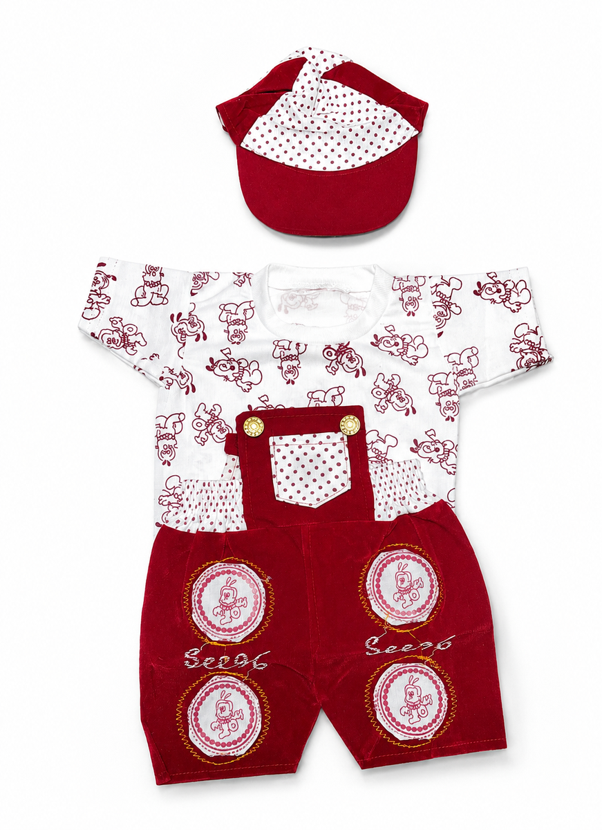 Boys Maroon Velvet Dungaree Shorts Set with Cap