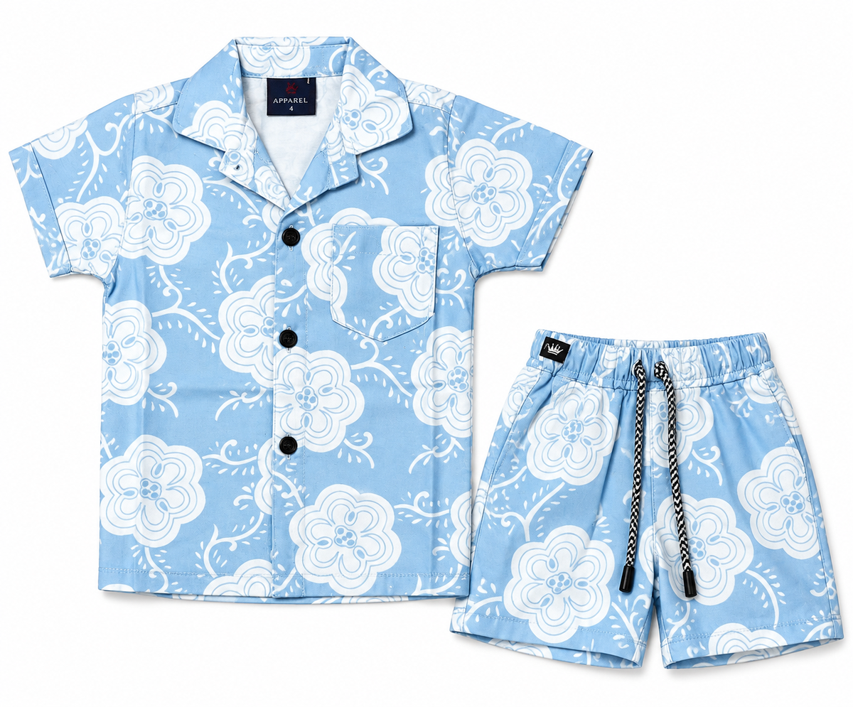 Boys Blue Floral Print Short Sleeve Shirt and Shorts Set