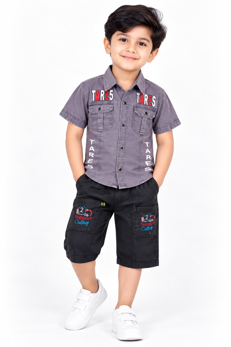 Boys Grey Casual Printed Shirt and Black Shorts Set