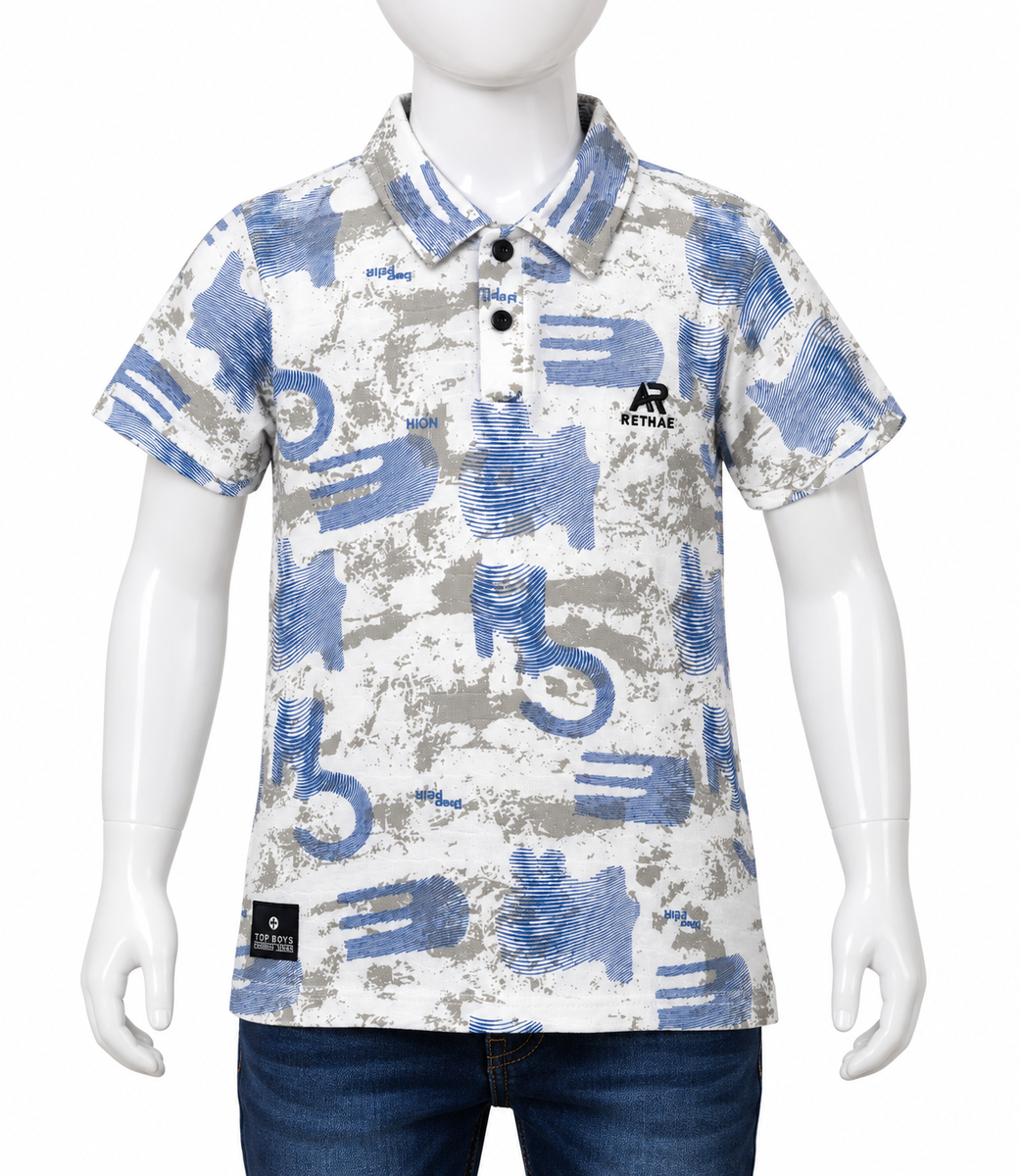 Boys Blue and White Abstract Print Polo T-Shirt — lifestyle