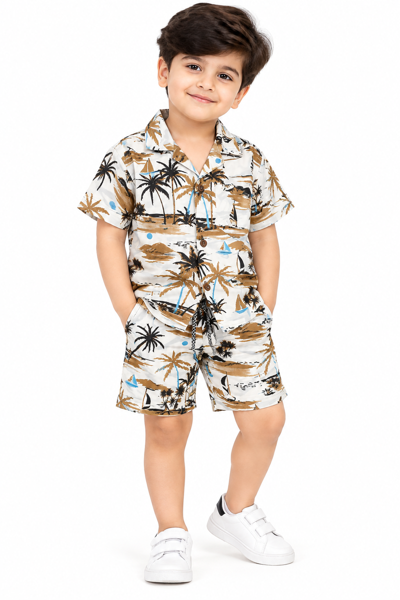 Boys Tropical Palm Print Casual Shirt and Shorts Co-ord Set