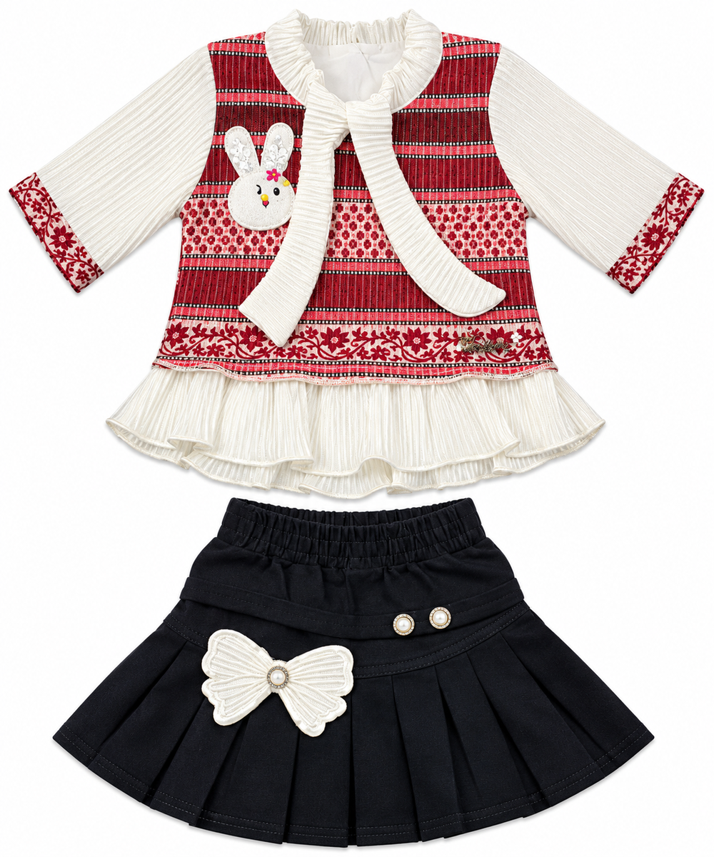 Red and Off-White Top with Black Skirt Set