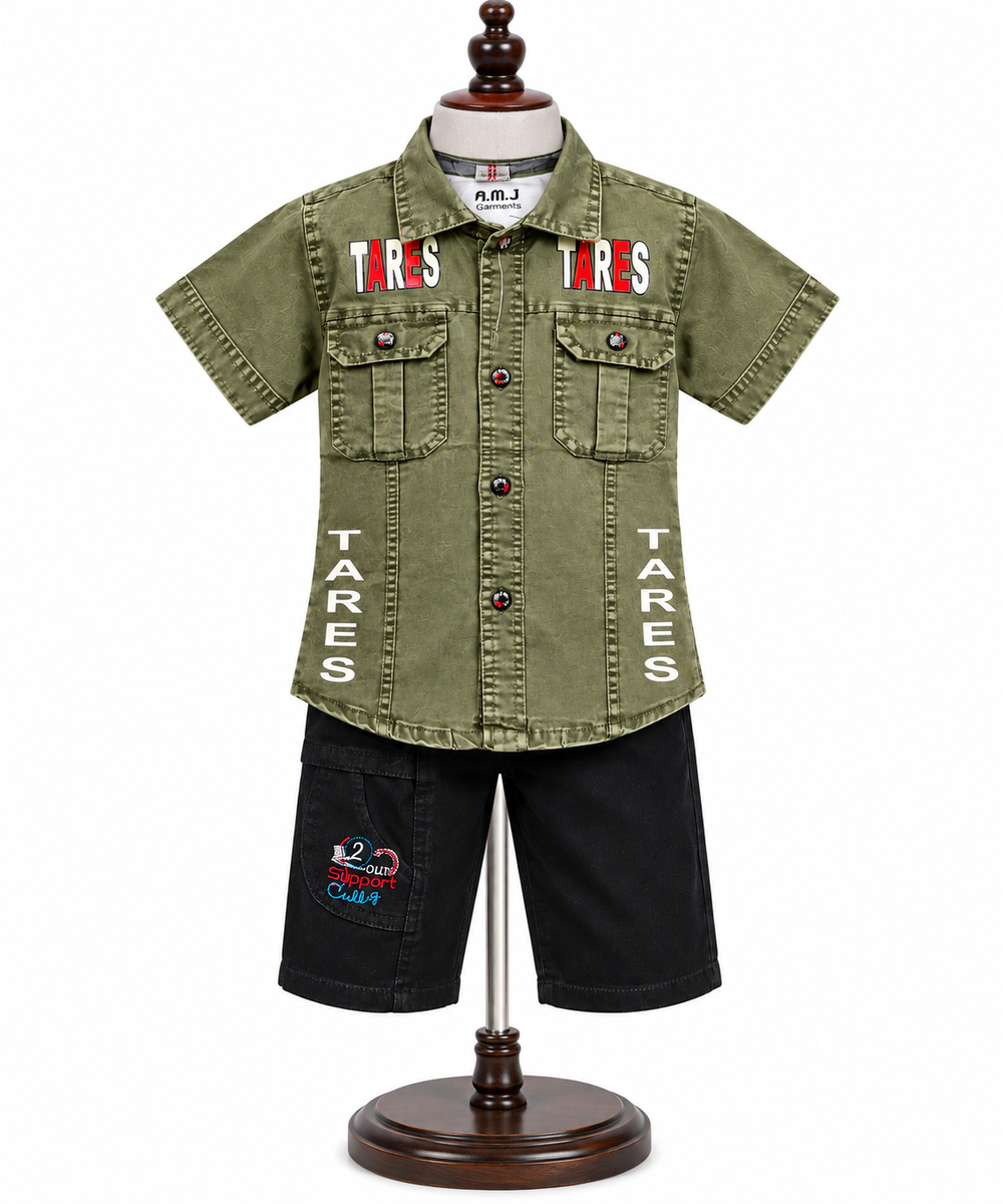 Boys Olive Green Printed Shirt and Black Shorts Set