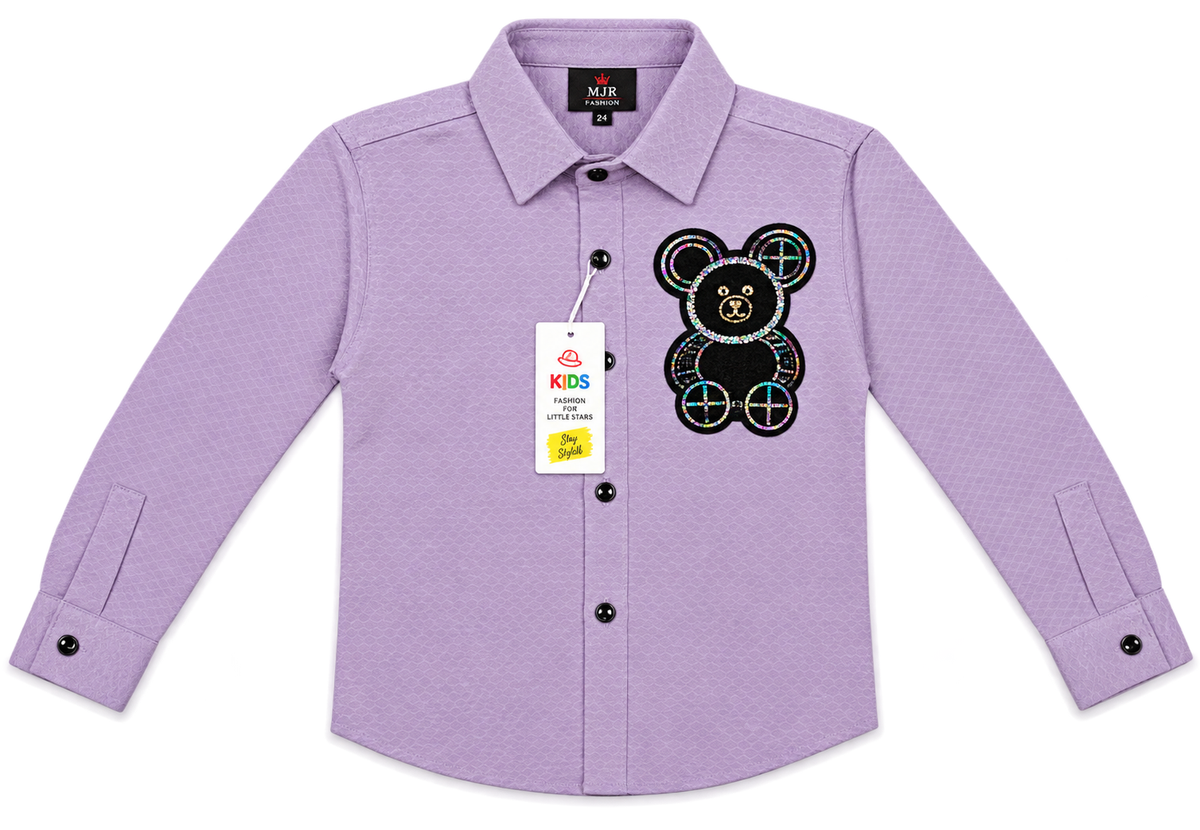Boys Lavender Textured Full Sleeve Shirt with Teddy Patch