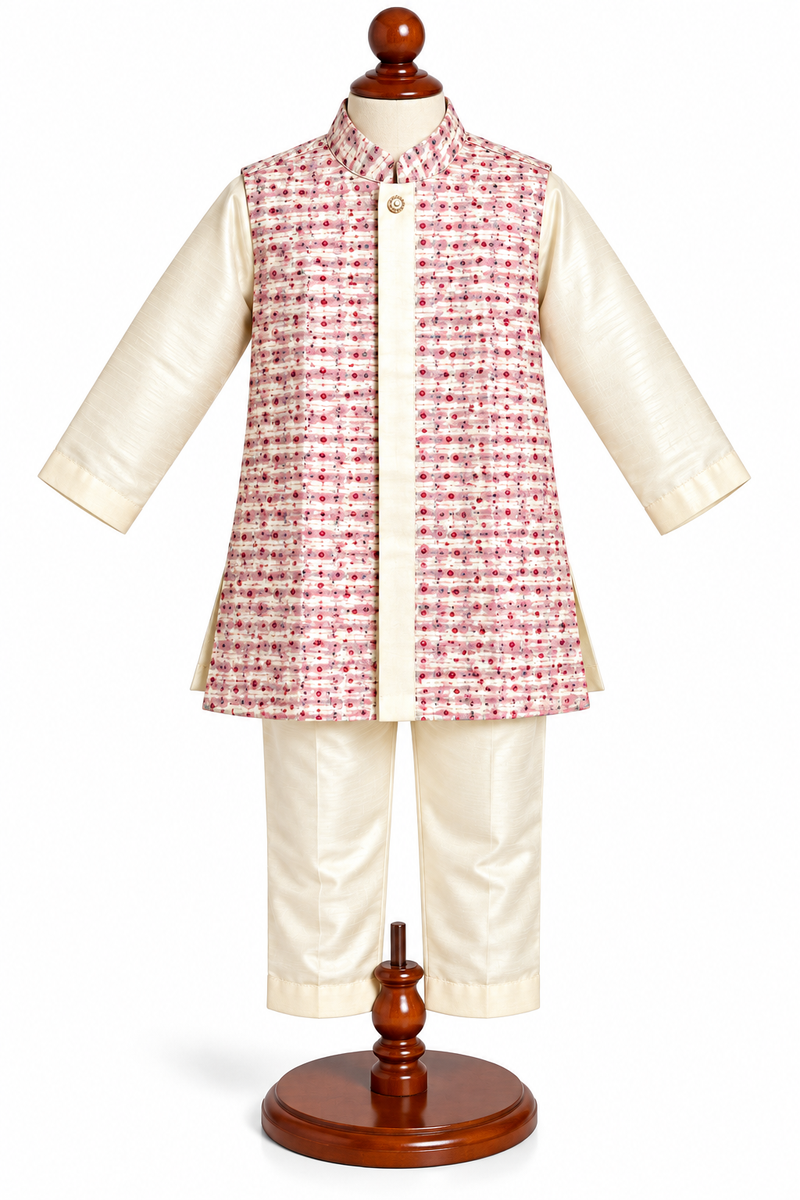 Boys Off-White and Pink Printed Sherwani Set — lifestyle
