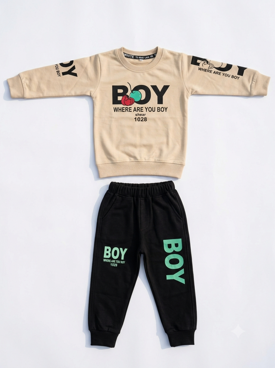 Boys Beige & Black Graphic Sweatshirt and Joggers Set