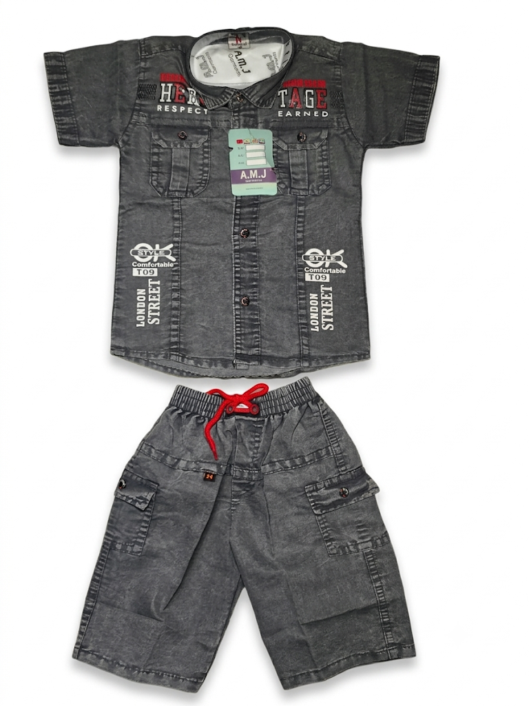 Boys Grey Denim Short Sleeve Shirt and Cargo Shorts Set