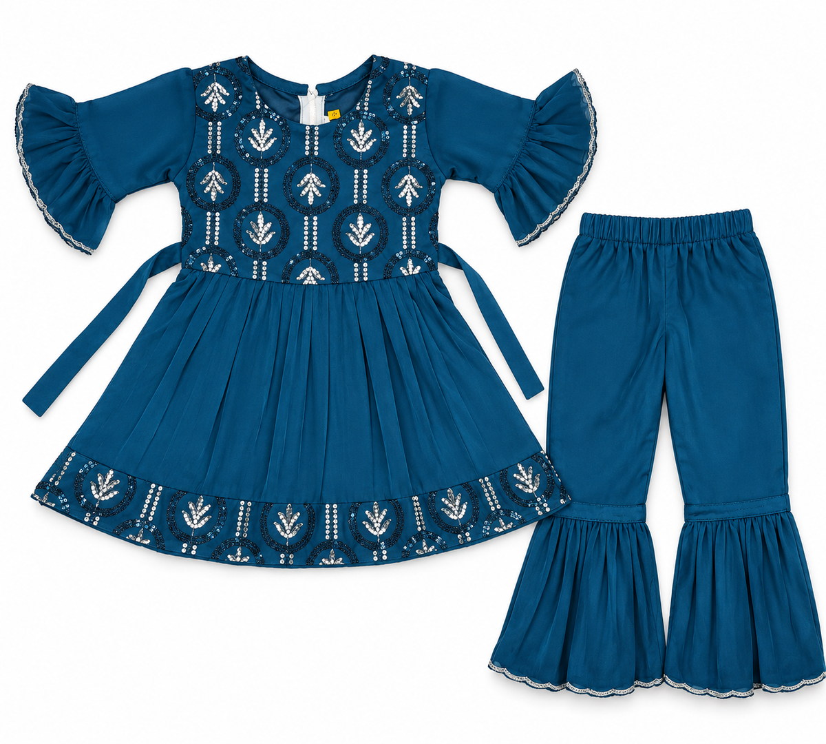 Teal Blue Embroidered Peplum Top with Sharara Set