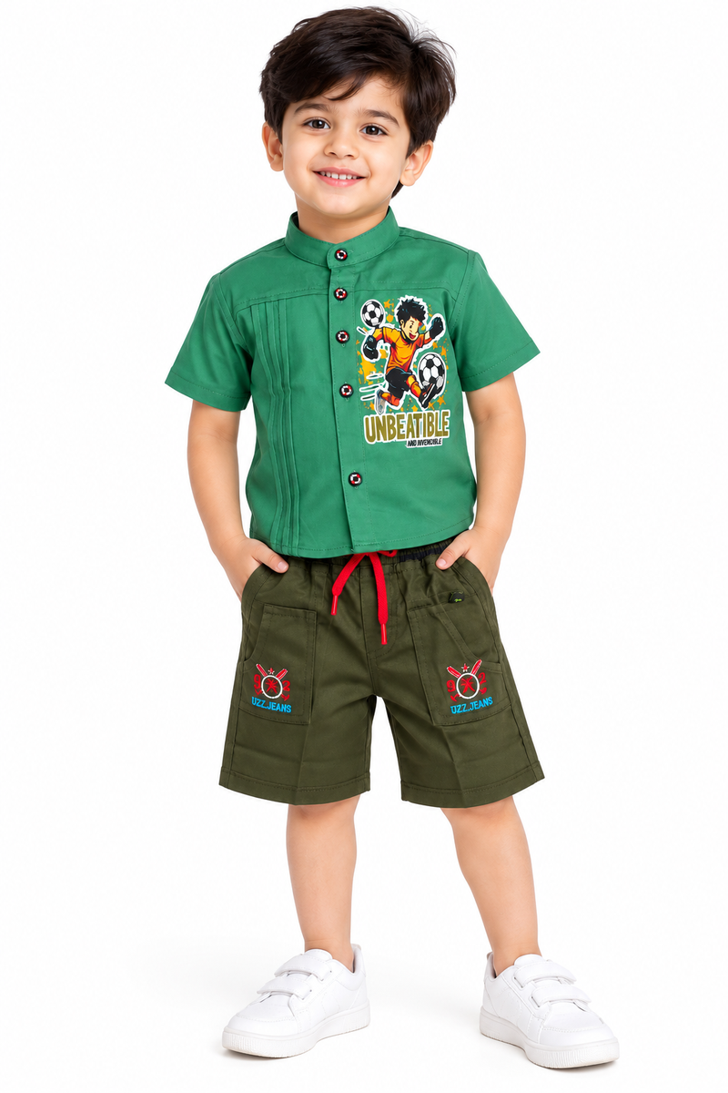Green Mandarin Collar Shirt and Shorts Co-ord Set