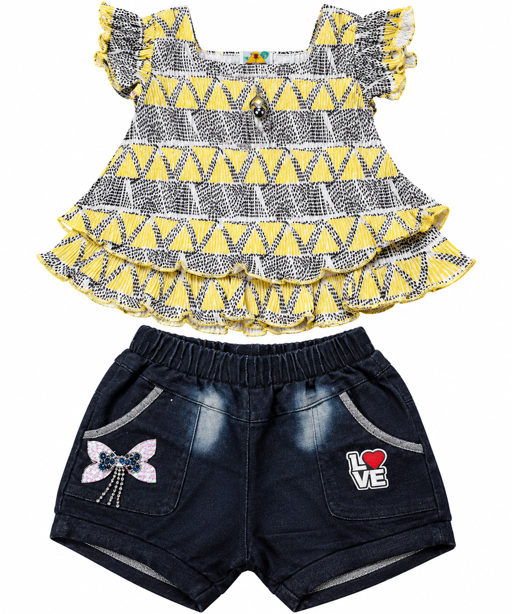 Yellow and Black Geometric Ruffle Top with Denim Shorts Set