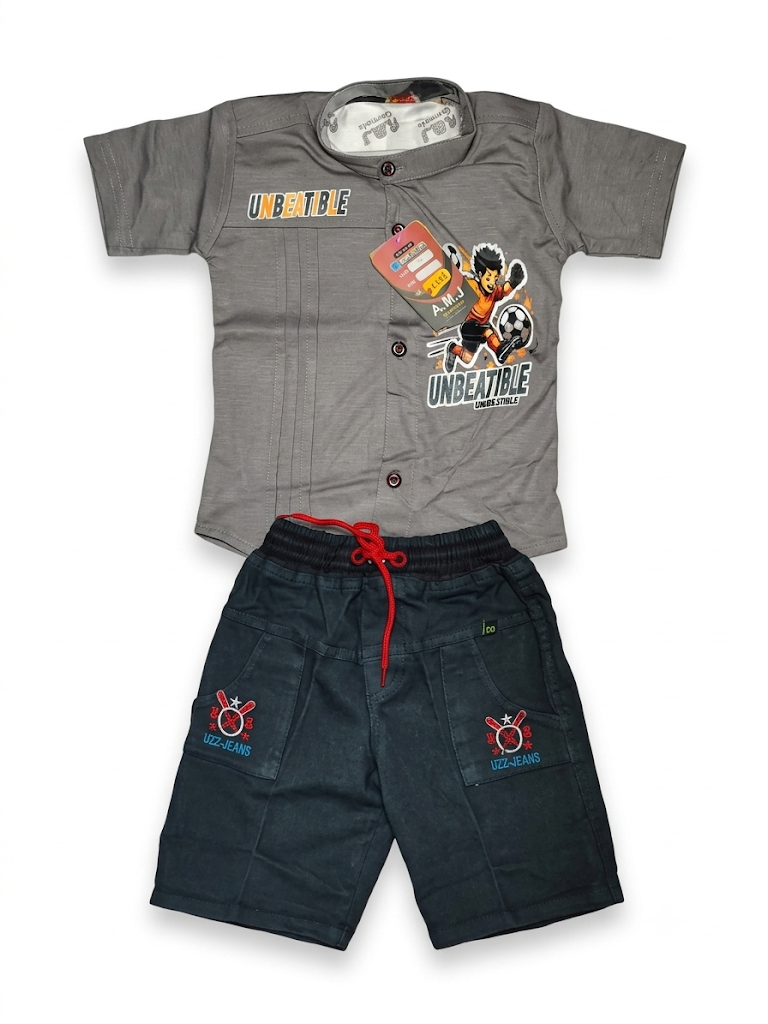 Boys Grey Casual Short Sleeve Shirt and Dark Grey Shorts Set