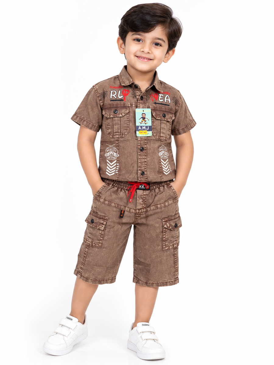Boys Brown Washed Cargo Shirt and Shorts Set