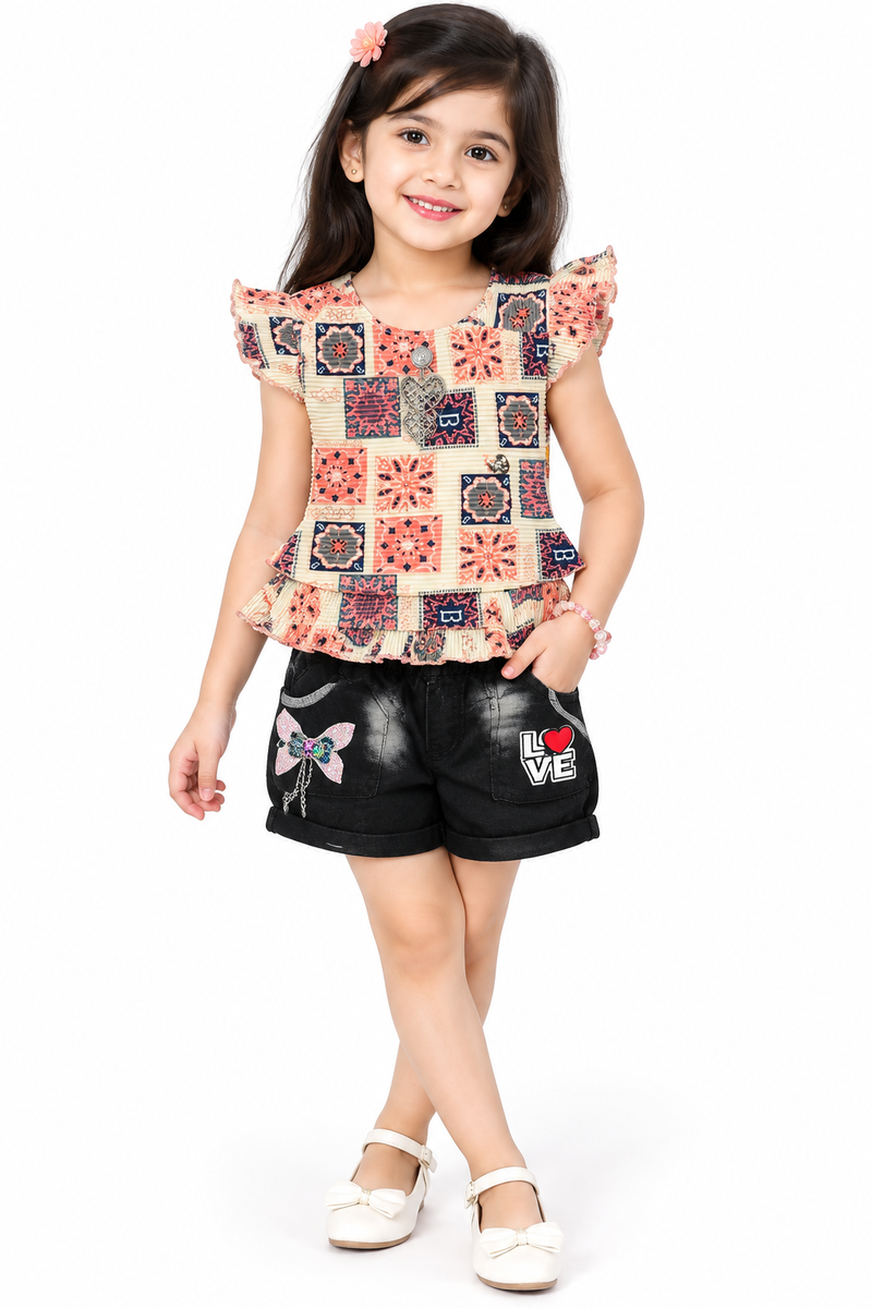 Girls Multicolored Printed Top and Black Shorts Set