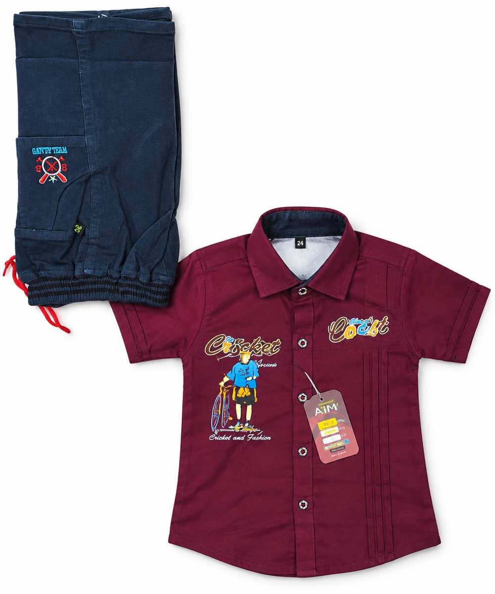 Maroon Printed Casual Shirt and Blue Shorts Set