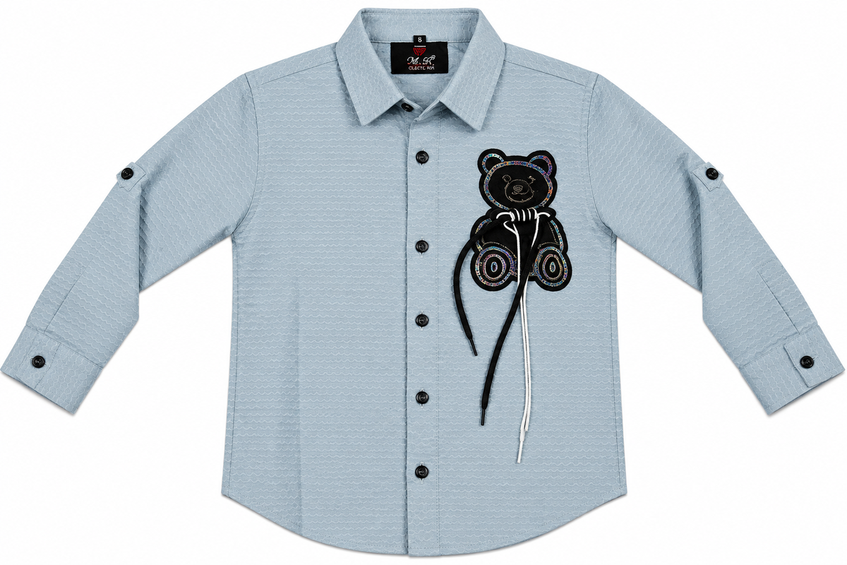 Boys Light Blue Casual Shirt with Teddy Applique