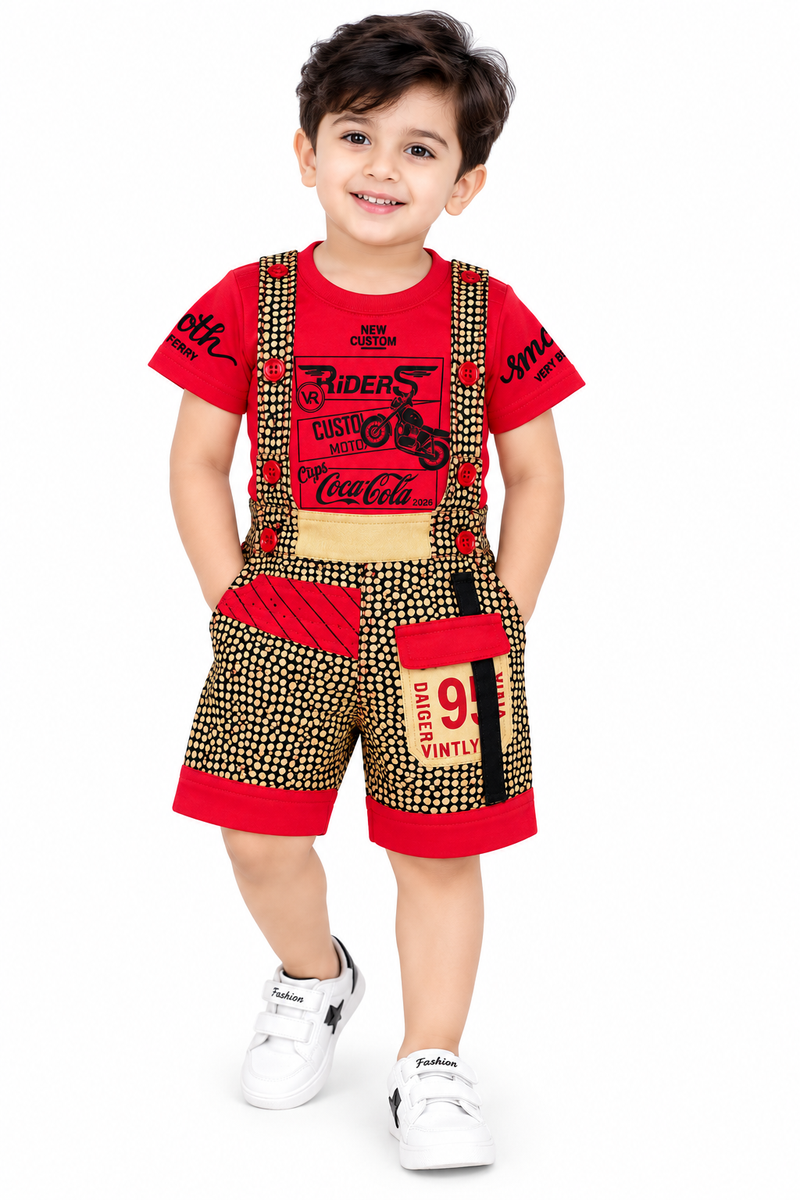 Boys Red Printed T-Shirt with Dungaree Shorts Set