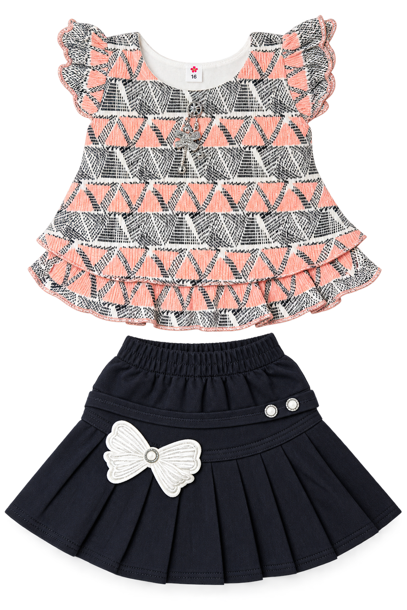 Girls Peach Geometric Print Top and Pleated Skirt Set