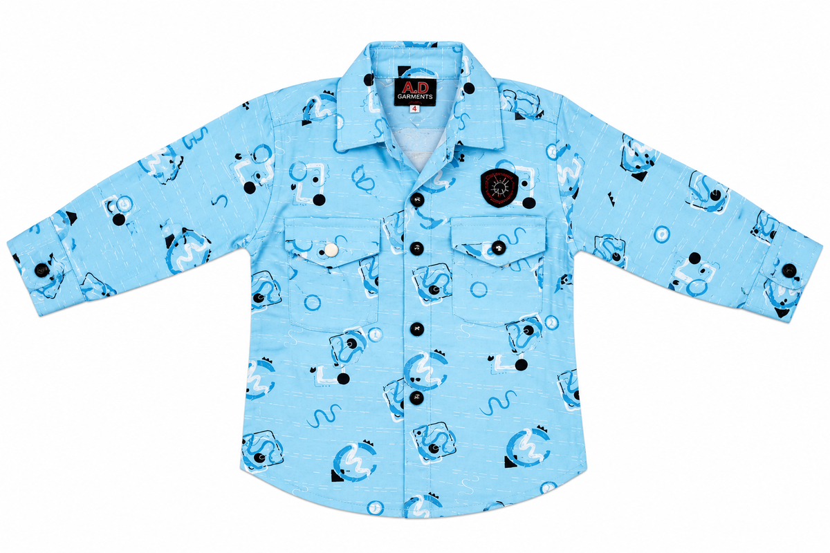Boys Blue Printed Casual Shirt with Denim Shorts Set