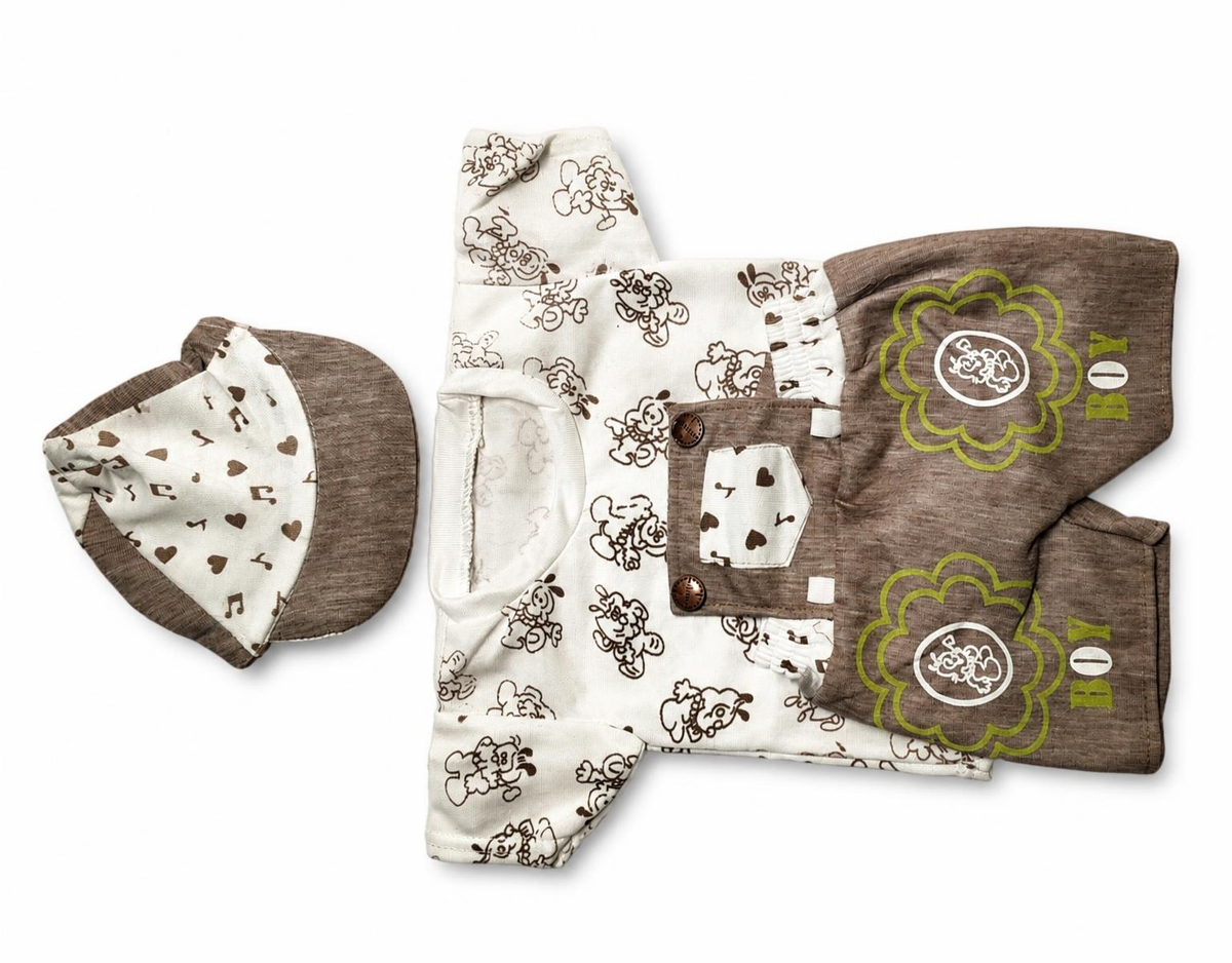 Baby Boys Printed Dungaree Romper with Matching Cap - Brown